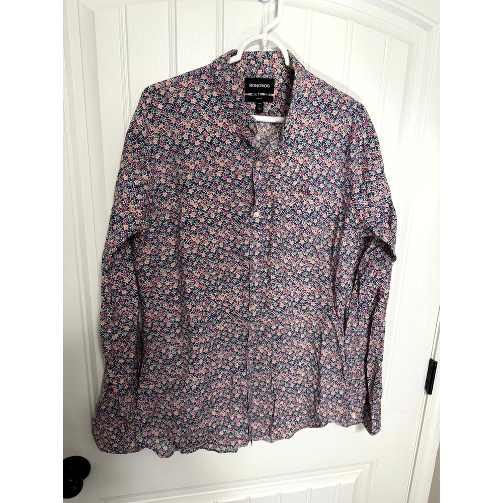 Bonobos Button Down Shirt Mens L Long Blue Pink Floral Slim Fit Cotton